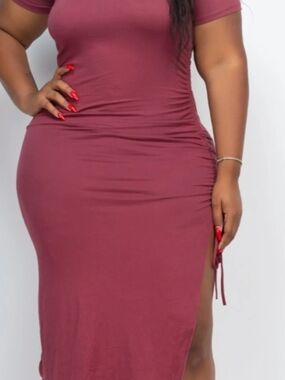 Ruched Side-Slit Midi Dress in Dusty Mauve
